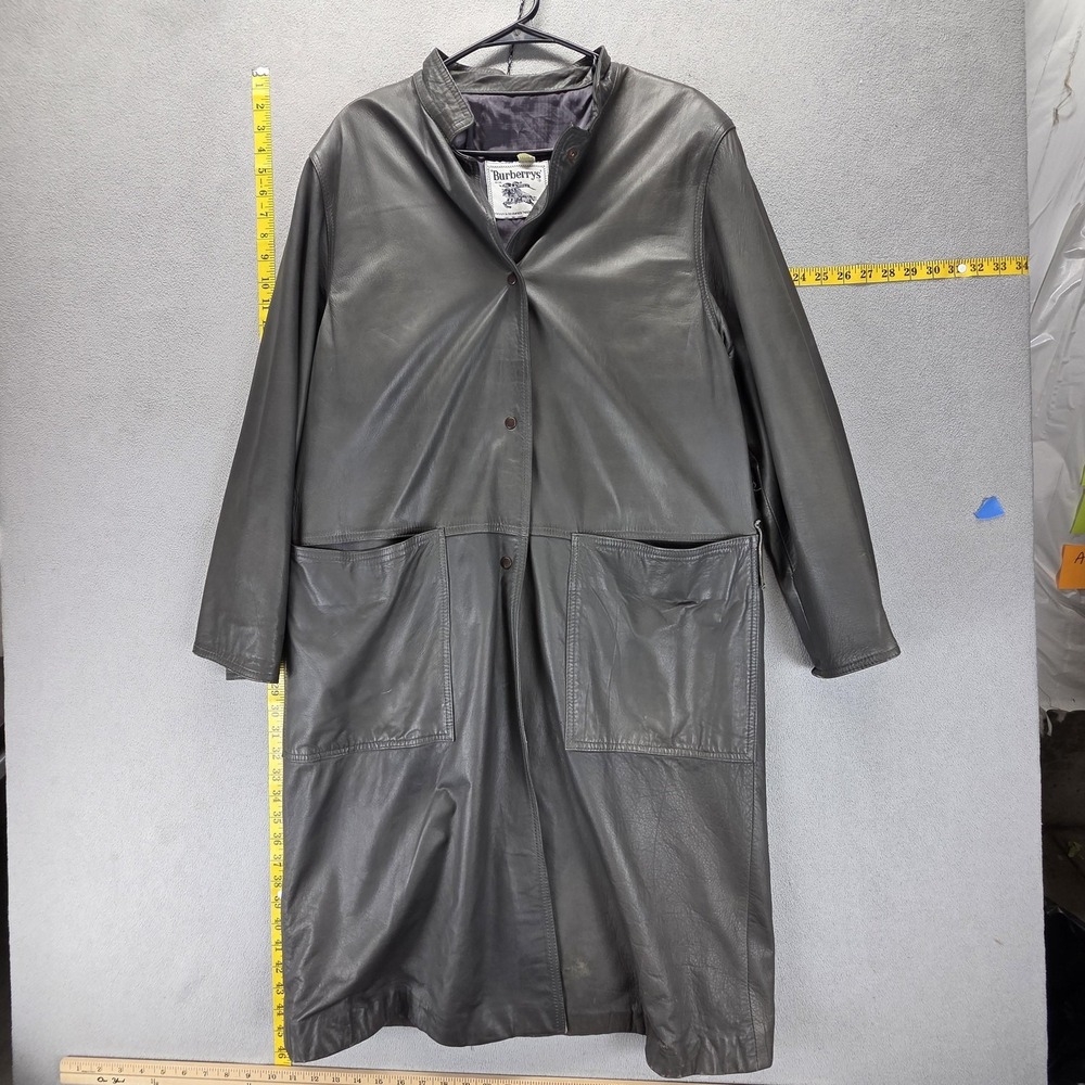 Vintage‎ Burberrys Jacket Womens Gray Leather Long Overcoat Button Lined Trench
